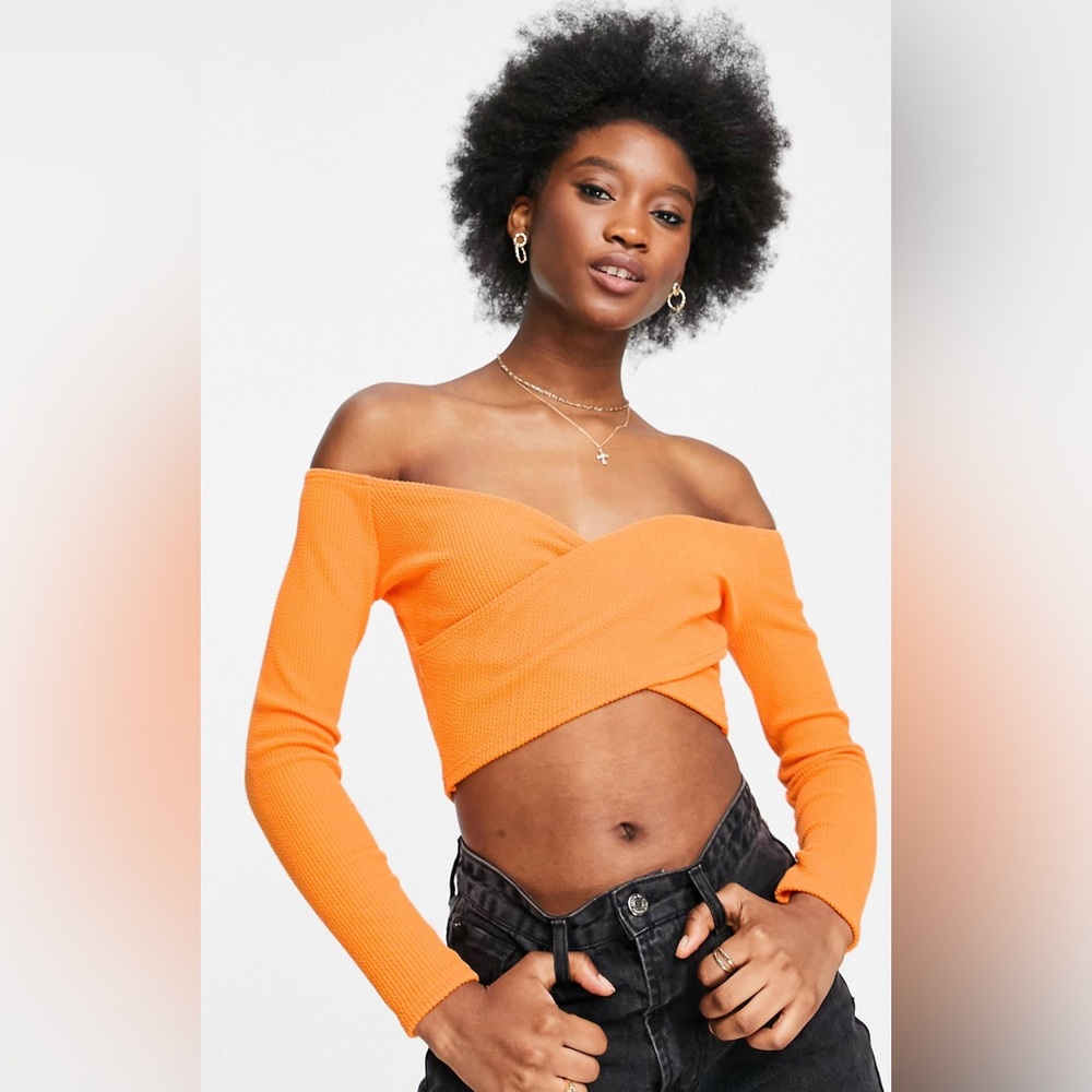 ASOS Long Sleeve Ribbed Wrap Front Top In Orange